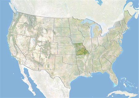 Des États-Unis et l'état du Missouri, Image Satellite avec effet de relief Photographie de stock - Rights-Managed, Code: 872-06055815