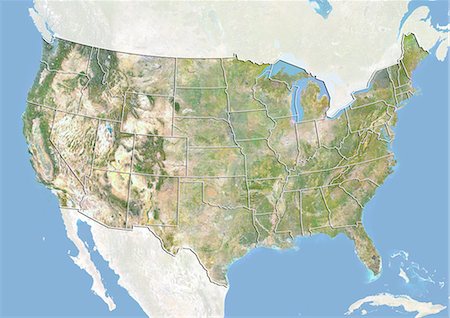 United States, Satellite Image With Bump Effect and State Boundaries Foto de stock - Con derechos protegidos, Código: 872-06055839