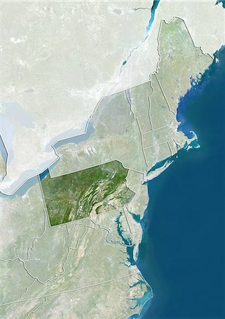 pennsylvanie - Etat de la Pennsylvanie et du nord-est des États-Unis, Image Satellite de la couleur vraie Photographie de stock - Rights-Managed, Code: 872-06055984