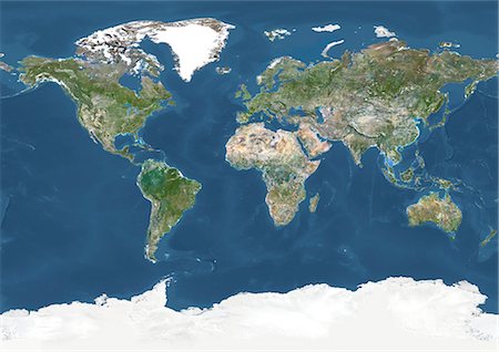 planète terre - Monde en Projection géographique, True Image Satellite en couleurs. Image de satellite sans nuages de véritable couleur de toute la terre, illustrée à la projection géographique. Cette image a été compilée à partir de données acquises par les satellites LANDSAT 5 & 7. Photographie de stock - Rights-Managed, Code: 872-06052700