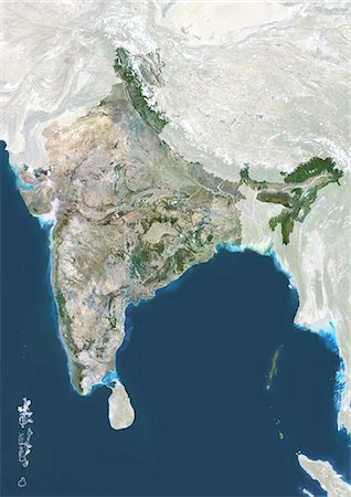 Inde, Image Satellite couleur vraie avec masque. Inde, image satellite couleur vraie avec masque cette image a été compilée à partir de données acquises par les satellites LANDSAT 5 & 7. Photographie de stock - Rights-Managed, Code: 872-06052766