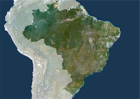 simsearch:872-06053796,k - Brésil, Image Satellite couleur vraie avec masque. Brésil, image satellite couleur vraie avec masque cette image a été compilée à partir de données acquises par les satellites LANDSAT 5 & 7. Photographie de stock - Rights-Managed, Code: 872-06052775