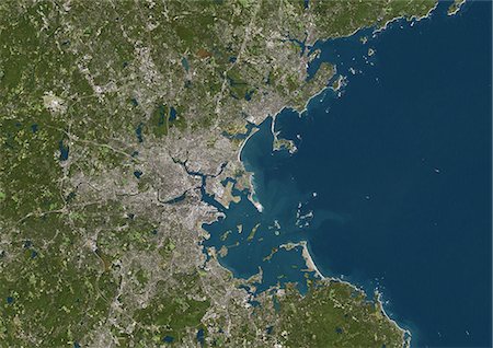 satellite view city - Boston, Massachusetts, Us, True Colour Satellite Image. Boston, Massachusetts, USA. True colour satellite image of the city of Boston, taken on 27 September 2000 using LANDSAT 7 data. Stock Photo - Rights-Managed, Code: 872-06052851