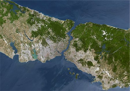 simsearch:872-06053324,k - Istanbul, Turquie, couleur vraie Image-Satellite. Istanbul, Turquie. Image satellite de couleur vraie d'Istanbul, ville capitale de la Turquie. Image prise le 2 juillet 2000, à l'aide de données LANDSAT 7. Photographie de stock - Rights-Managed, Code: 872-06052888