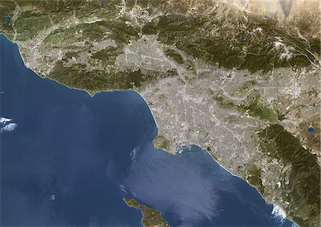 pacific coast maps - Los Angeles, California, Usa, True Colour Satellite Image. Los Angeles, California, USA. True colour satellite image of the city of Los Angeles. Composite of 2 images taken on 24 April & 1 May 2000, using LANDSAT 7 data. Stock Photo - Rights-Managed, Code: 872-06052905