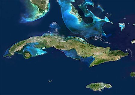 simsearch:872-06054055,k - Cuba, Image Satellite de la couleur vraie. Image satellite de véritable couleur de Cuba, la plus grande île dans les Caraïbes. L'image utilise des données provenant des satellites LANDSAT 5 & 7. Photographie de stock - Rights-Managed, Code: 872-06052975