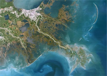 delta de río - Satellite View of Mississippi River Delta, Louisiana, USA Foto de stock - Con derechos protegidos, Código: 872-06052981