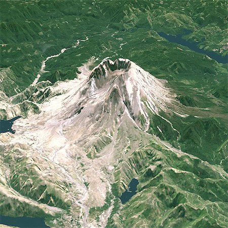 simsearch:872-06053097,k - Mount St Helens In 3D, North West View, Washington State, Usa, True Colour Satellite Image. Mount St-Helens, USA, true colour satellite image. North-West view of Mount St-Helens in 3D, an active volcano (2250m high) in Washington State, US. Image using LANDSAT data. Print size 30 x 30 cm. Stock Photo - Rights-Managed, Code: 872-06053103