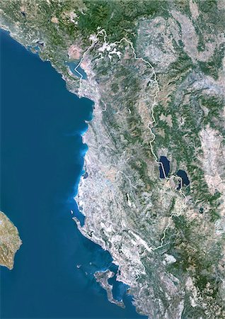 simsearch:872-06054028,k - Albania, Europe, True Colour Satellite Image With Border. Satellite view of Albania (with border). This image was compiled from data acquired by LANDSAT 5 & 7 satellites. Stock Photo - Rights-Managed, Code: 872-06053149