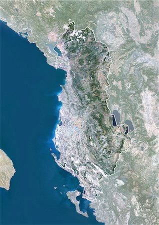 simsearch:872-06054028,k - Albania, Europe, True Colour Satellite Image With Border And Mask. Satellite view of Albania (with border and mask). This image was compiled from data acquired by LANDSAT 5 & 7 satellites. Stock Photo - Rights-Managed, Code: 872-06053150