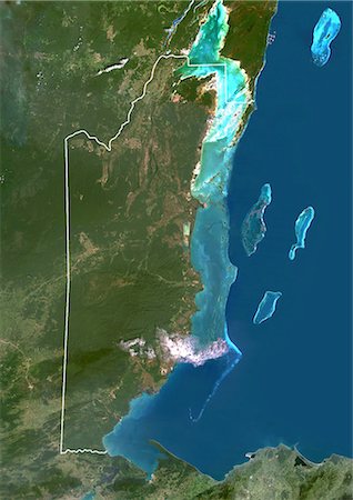 Belize, Central America, True Colour Satellite Image With Border. Satellite view of Belize (with border). This image was compiled from data acquired by LANDSAT 5 & 7 satellites. Stock Photo - Rights-Managed, Code: 872-06053151