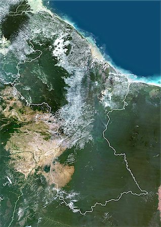 simsearch:872-06053796,k - Image de Guyane, Amérique du Sud, véritable couleur Satellite avec bordure. Vue satellite du Guyana (avec bordure). Cette image a été compilée à partir de données acquises par les satellites LANDSAT 5 & 7. Photographie de stock - Rights-Managed, Code: 872-06053179
