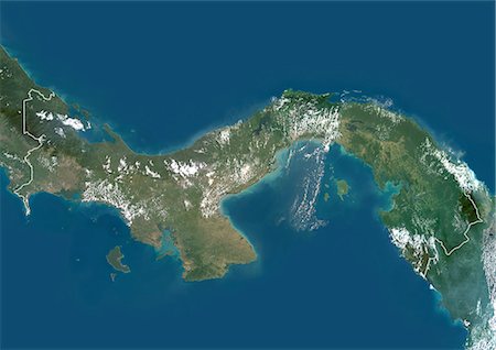 simsearch:872-06054055,k - Panama, Amérique centrale, véritable couleur Image Satellite avec bordure. Vue satellite du Panama (avec bordure). Cette image a été compilée à partir de données acquises par les satellites LANDSAT 5 & 7. Photographie de stock - Rights-Managed, Code: 872-06053171