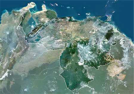 simsearch:872-06053796,k - Venezuela, Amérique du Sud, True Image-Satellite couleur avec bordure et masque. Vue satellite du Venezuela (avec bordure et masque). Cette image a été compilée à partir de données acquises par les satellites LANDSAT 5 & 7. Photographie de stock - Rights-Managed, Code: 872-06053186