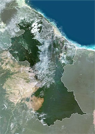 simsearch:872-06053796,k - Guyane, Amérique du Sud, True Image-Satellite couleur avec bordure et masque. Vue satellite du Guyana (avec bordure et masque). Cette image a été compilée à partir de données acquises par les satellites LANDSAT 5 & 7. Photographie de stock - Rights-Managed, Code: 872-06053180