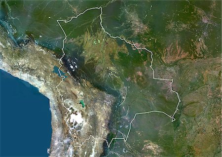 Bolivie, Amérique du Sud, véritable couleur Image Satellite avec bordure. Vue satellite de Bolivie (avec bordure et masque). Cette image a été compilée à partir de données acquises par les satellites LANDSAT 5 & 7. Photographie de stock - Rights-Managed, Code: 872-06053195