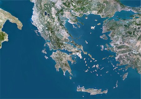peloponeso - Grèce, Europe, véritable couleur Image Satellite avec bordure. Vue satellite de la Grèce (avec bordure). Cette image a été compilée à partir de données acquises par les satellites LANDSAT 5 & 7. Photographie de stock - Rights-Managed, Code: 872-06053197