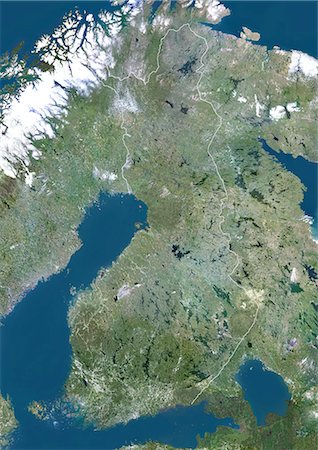 Finnland, Europa, wahre Farbe-Satellitenbild mit Rand. Satellitenaufnahme von Finnland (mit Rand). Dieses Bild wurde aus Daten von Satelliten LANDSAT 5 & 7 erworbenen zusammengestellt. Stockbilder - Lizenzpflichtiges, Bildnummer: 872-06053191