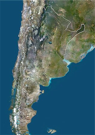 Argentina, South America, True Colour Satellite Image With Border. Satellite view of Argentina (with border). This image was compiled from data acquired by LANDSAT 5 & 7 satellites. Stock Photo - Rights-Managed, Code: 872-06053216