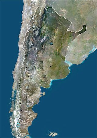 Argentina, South America, True Colour Satellite Image With Border And Mask. Satellite view of Argentina (with border and mask). This image was compiled from data acquired by LANDSAT 5 & 7 satellites. Stock Photo - Rights-Managed, Code: 872-06053217