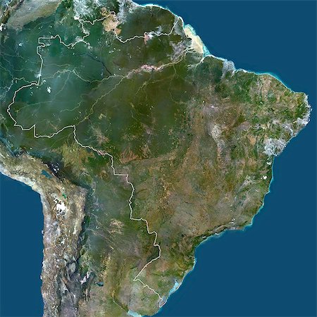 simsearch:872-08082719,k - Brazil, South America, True Colour Satellite Image With Border. Satellite view of Brazil (with border), print size 42x42cm. This image was compiled from data acquired by LANDSAT 5 & 7 satellites. Foto de stock - Con derechos protegidos, Código: 872-06053218