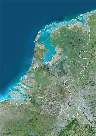 Netherlands, Europe, True Colour Satellite Image With Border. Satellite view of the Netherlands (with border). This image was compiled from data acquired by LANDSAT 5 & 7 satellites. Foto de stock - Con derechos protegidos, Código: 872-06053226