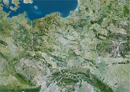 Poland, Europe, True Colour Satellite Image With Border. Satellite view of Poland (with border). This image was compiled from data acquired by LANDSAT 5 & 7 satellites. Foto de stock - Con derechos protegidos, Código: 872-06053229