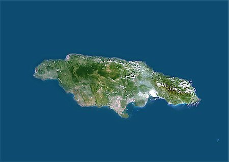 Jamaïque, Caraïbes, True Image-Satellite de couleur. Vue satellite de la Jamaïque, Caraïbes. Cette image a été compilée à partir de données acquises par les satellites LANDSAT 5 & 7. Photographie de stock - Rights-Managed, Code: 872-06053237