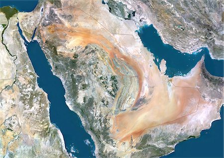 simsearch:872-06053521,k - Saudi Arabia, Middle East, True Colour Satellite Image With Border. Satellite view of Saudi Arabia (with border). This image was compiled from data acquired by LANDSAT 5 & 7 satellites. Stock Photo - Rights-Managed, Code: 872-06053247