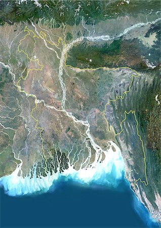 Bangladesh, Asie, véritable couleur Image Satellite avec bordure. Vue satellite du Bangladesh (avec bordure). Cette image a été compilée à partir de données acquises par les satellites LANDSAT 5 & 7. Photographie de stock - Rights-Managed, Code: 872-06053254