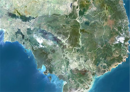 simsearch:872-06053320,k - Cambodia, Asia, True Colour Satellite Image With Border. Satellite view of Cambodia (with border). This image was compiled from data acquired by LANDSAT 5 & 7 satellites. Foto de stock - Con derechos protegidos, Código: 872-06053262