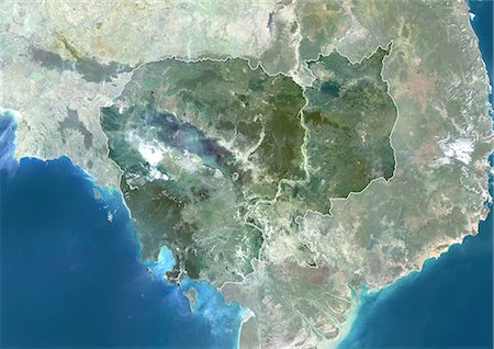 simsearch:872-06053320,k - Cambodia, Asia, True Colour Satellite Image With Border And Mask. Satellite view of Cambodia (with border and mask). This image was compiled from data acquired by LANDSAT 5 & 7 satellites. Foto de stock - Con derechos protegidos, Código: 872-06053263