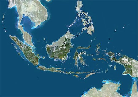 sumatra - Indonésie, Asie, True Image-Satellite couleur avec bordure et masque. Vue satellite de l'Indonésie (avec bordure et masque). Cette image a été compilée à partir de données acquises par les satellites LANDSAT 5 & 7. Photographie de stock - Rights-Managed, Code: 872-06053274