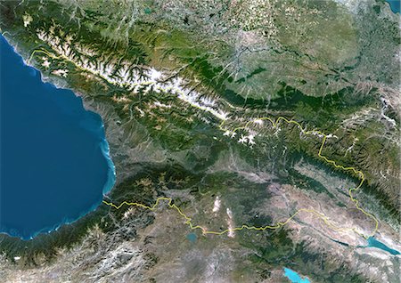 Georgia, Asia, True Colour Satellite Image With Border. Satellite view of Georgia (with border). This image was compiled from data acquired by LANDSAT 5 & 7 satellites. Stock Photo - Rights-Managed, Code: 872-06053271