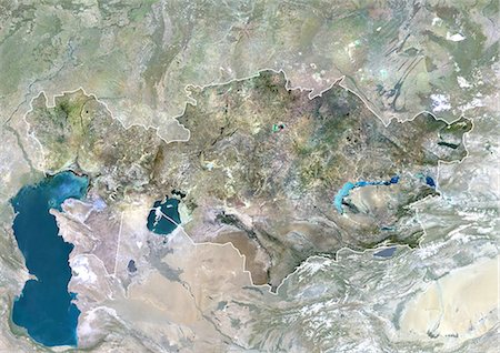 Kazakhstan, Asia, True Colour Satellite Image With Border And Mask. Satellite view of Kazakhstan (with border and mask). This image was compiled from data acquired by LANDSAT 5 & 7 satellites. Stock Photo - Rights-Managed, Code: 872-06053288