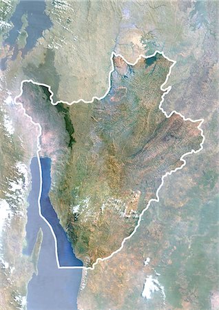 simsearch:872-06054187,k - Burundi, Afrique, True Image-Satellite couleur avec bordure et masque. Vue satellite du Burundi (avec bordure et masque). Cette image a été compilée à partir de données acquises par les satellites LANDSAT 5 & 7. Photographie de stock - Rights-Managed, Code: 872-06053294