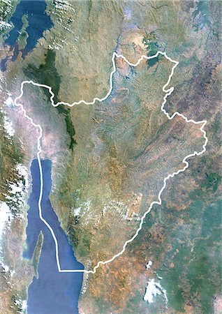 simsearch:872-06054184,k - Burundi, Africa, True Colour Satellite Image With Border. Satellite view of Burundi (with border). This image was compiled from data acquired by LANDSAT 5 & 7 satellites. Foto de stock - Con derechos protegidos, Código: 872-06053293