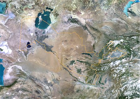 simsearch:400-08493882,k - Uzbekistan, Asia, True Colour Satellite Image With Border. Satellite view of Uzbekistan (with border). This image was compiled from data acquired by LANDSAT 5 & 7 satellites. Stock Photo - Rights-Managed, Code: 872-06053306