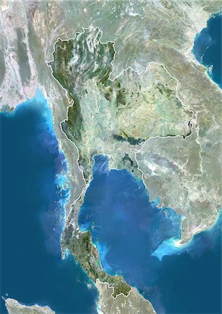 simsearch:872-06053552,k - Thailand, Asia, True Colour Satellite Image With Border And Mask. Satellite view of Thailand (with border and mask). This image was compiled from data acquired by LANDSAT 5 & 7 satellites. Foto de stock - Con derechos protegidos, Código: 872-06053319