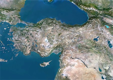 Image de la Turquie, Asie, vrai couleur Satellite avec bordure. Vue satellite de la Turquie (avec bordure). Cette image a été compilée à partir de données acquises par les satellites LANDSAT 5 & 7. Photographie de stock - Rights-Managed, Code: 872-06053324