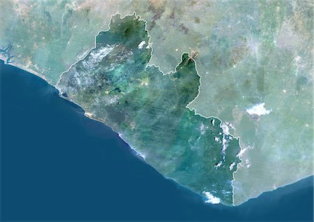 Libéria, Afrique, True Image-Satellite couleur avec bordure et masque. Vue satellite du Libéria (avec bordure et masque). Cette image a été compilée à partir de données acquises par les satellites LANDSAT 5 & 7. Photographie de stock - Rights-Managed, Code: 872-06053347