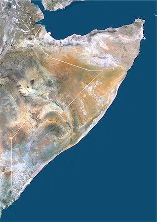 simsearch:872-06053084,k - Somalie, Afrique, vraie couleur Image Satellite avec bordure. Vue satellite de la Somalie (avec bordure). Cette image a été compilée à partir de données acquises par les satellites LANDSAT 5 & 7. Photographie de stock - Rights-Managed, Code: 872-06053374