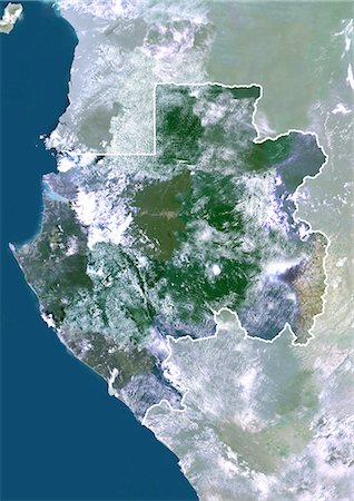 simsearch:872-06053479,k - Gabun, Afrika, wahre Farbe-Satellitenbild mit Rahmen und Maske. Satellitenaufnahme von Gabun (mit Rahmen und Maske). Dieses Bild wurde aus Daten von Satelliten LANDSAT 5 & 7 erworbenen zusammengestellt. Stockbilder - Lizenzpflichtiges, Bildnummer: 872-06053377