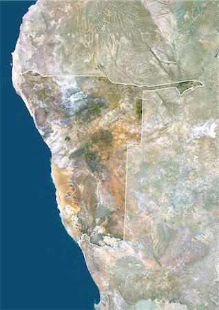 simsearch:872-06053342,k - Namibie, Afrique, True Image-Satellite couleur avec bordure et masque. Vue satellite de la Namibie (avec bordure et masque). Cette image a été compilée à partir de données acquises par les satellites LANDSAT 5 & 7. Photographie de stock - Rights-Managed, Code: 872-06053371