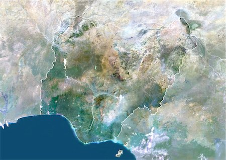 simsearch:872-06053479,k - Nigeria, Afrika, wahre Farbe-Satellitenbild mit Rahmen und Maske. Satellitenaufnahme von Nigeria (mit Rahmen und Maske). Dieses Bild wurde aus Daten von Satelliten LANDSAT 5 & 7 erworbenen zusammengestellt. Stockbilder - Lizenzpflichtiges, Bildnummer: 872-06053373