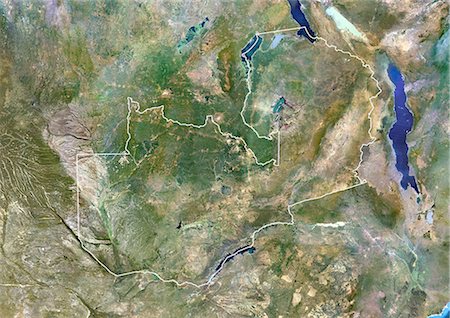 Zambia, Africa, True Colour Satellite Image With Border. Satellite view of Zambia (with border). This image was compiled from data acquired by LANDSAT 5 & 7 satellites. Foto de stock - Con derechos protegidos, Código: 872-06053388