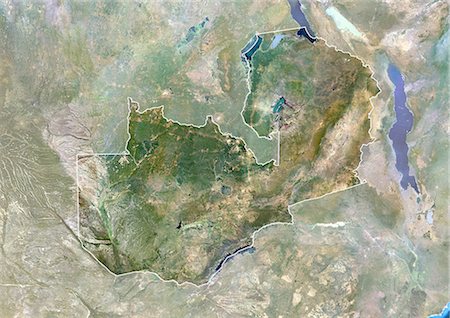simsearch:872-06054901,k - Zambie, Afrique, True Image-Satellite couleur avec bordure et masque. Vue satellite de la Zambie (avec bordure et masque). Cette image a été compilée à partir de données acquises par les satellites LANDSAT 5 & 7. Photographie de stock - Rights-Managed, Code: 872-06053389