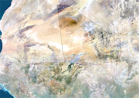 désert du sahara - Mali, Afrique, True Image-Satellite couleur avec bordure et masque. Vue satellite du Mali (avec bordure et masque). Cette image a été compilée à partir de données acquises par les satellites LANDSAT 5 & 7. Photographie de stock - Rights-Managed, Code: 872-06053381