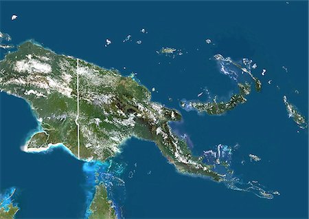 Papua New Guinea, Asia, True Colour Satellite Image With Border. Satellite view of Papua New Guinea (with border). This image was compiled from data acquired by LANDSAT 5 & 7 satellites. Foto de stock - Con derechos protegidos, Código: 872-06053418