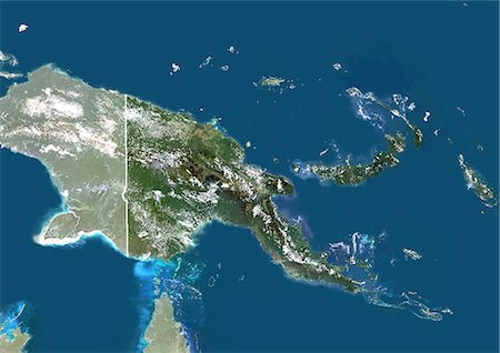 papua new guinea - Papouasie-Nouvelle Guinée, Asie, True Image-Satellite couleur avec bordure et masque. Vue satellite de Papouasie Nouvelle-Guinée (avec bordure et masque). Cette image a été compilée à partir de données acquises par les satellites LANDSAT 5 & 7. Photographie de stock - Rights-Managed, Code: 872-06053419